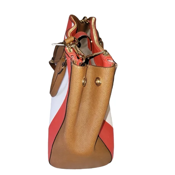 SOLD Authentic Michael Kors Sutton Large Red White Tan Leather Satchel - Picture 6 of 8